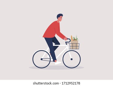 Young male character riding a bike, millennial lifestyle, daily routine