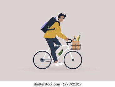 A young male character riding a bike with a basket and a bottle holder, modern lifestyle