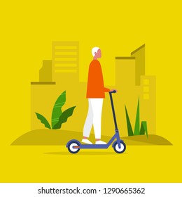 Young male character riding an electric scooter. Urban  transportation. Modern technologies. Millennial lifestyle. Active young adults. Flat editable vector illustration, clip art