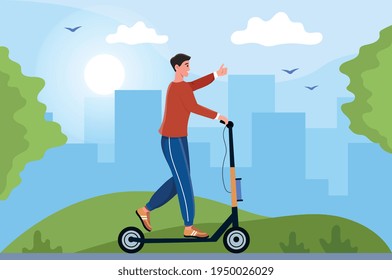 Young male character riding electric scooter in a city park. Concept of urban vehicles. Man in casual clothes on electric scooter with city view on the background. Flat cartoon vector illustration