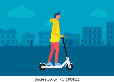 Young male character riding modern urban transportation electric kick scooter. Active hipster adult millennial lifestyle ecology technologies. Flat vector illustration on cityscape background