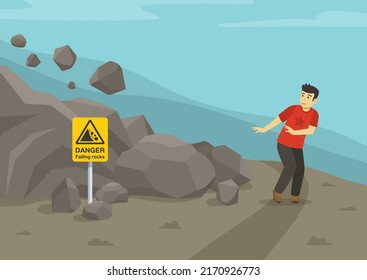 Young male character scared of falling rocks. Landslides and rockfalls on the road in the mountains. Warning sign meaning. Flat vector illustration template.