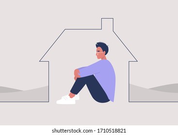 Young male character self isolated at home, quarantine and social distancing