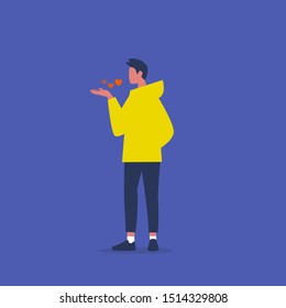 Young male character sending a blown kiss. Emotions. Dating. Lovers. Flat editable vector illustration, clip art