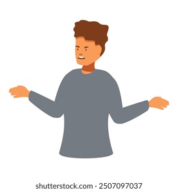 Young male character is shrugging his shoulders with a confused facial expression