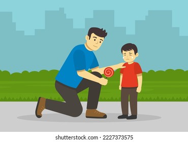 Young male character sits down and calms crying kid. Guy offers candy to a sad little boy. Flat vector illustration template.