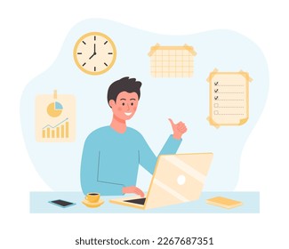 Young male character sitting at the desk and using laptop. Office worker showing thumbs up. Infographics icons on the background. Concept of time or project management.