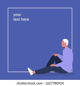 Young male character sitting inside a frame, your text here, design template