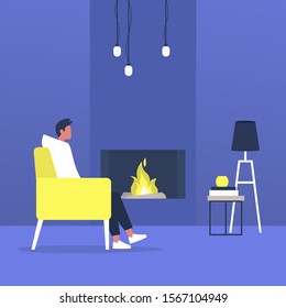 Young male character sitting next to a fireplace, modern living room interior