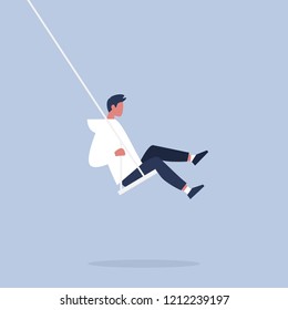 Young male character sitting on a swing. Modern lifestyle. Having fun. Flat editable vector illustration, clip art