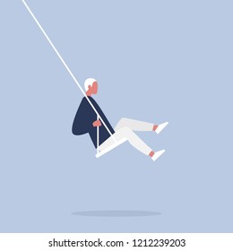 Young male character sitting on a swing. Modern lifestyle. Having fun. Flat editable vector illustration, clip art