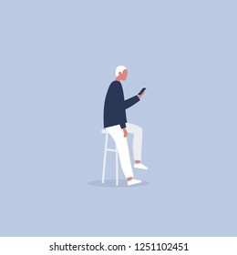 Young male character sitting on the bar stool and holding a smartphone. Millennial lifestyle. Social media. Flat editable vector illustration, clip art