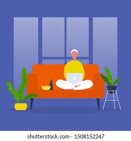 Young male character sitting on sofa and watching TV series on a laptop. Snacks and beer. Leisure. Weekend activities. Chill. Flat editable vector illustration, clip art svg