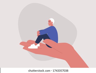 A young male character sitting on a hand palm, psychotherapy, help and support, a counseling session