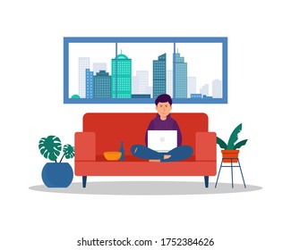 Young male character sitting on sofa and watching TV series on a laptop, Snacks and beer. Leisure. Weekend activities. Chill. Flat editable vector illustration