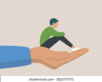 A young male character sitting on a hand palm, psychotherapy, help and support, a counseling session