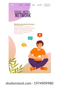Young male character is sitting with smartphone using social network. Man using social media application to text his friends. Website, web page, landing page template. Flat cartoon vector illustration