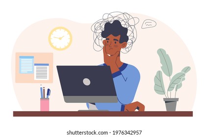 Young male character is sitting at a table with computer and struggles with learning problems. Concept of burnout, learning problems, self-doubt, fatigue. Flat cartoon vector illustration