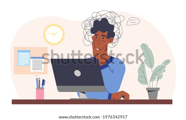 Young male character is sitting at a table\
with computer and struggles with learning problems. Concept of\
burnout, learning problems, self-doubt, fatigue. Flat cartoon\
vector illustration