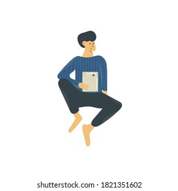 Young male character is sitting with a tablet doodle drawing. Student learns and communicates remotely. Man reading e-book. Hand drawn flat vector illustration in cartoon style isolated on white