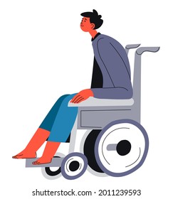 Young male character sitting in wheelchair disabled to walk. Disability and problems in accessibility. Rehabilitation process in clinic, healthcare and treatment for handicapped. Vector in flat style