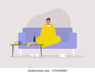 Young male character sitting wrapped in a blanket, depression and anxiety, self isolation, stay at home order