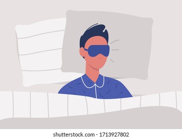 Young male character sleeping in bed, top view, bedroom in a morning