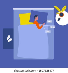 Young male character sleeping in a gueen bed. Smart watch sleep control. Gadgets. Top view. Interior design. Flat editable vector illustration, clip art