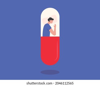 Young male character sleeping in a sleeping pill. Man suffering from sleep disorder and insomnia concept.Antidepressants.Depression.Addiction. Flat vector illustration