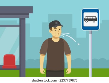 Young male character spitting at bus stop. Do not spit in public places. Close-up view of a man waiting city bus. Flat vector illustration template.