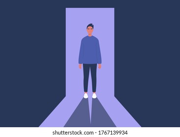 Young male character standing in a doorway, light and shadow contrast, spectacular appearance, confidence