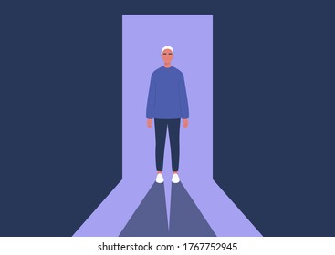 Young male character standing in a doorway, light and shadow contrast, spectacular appearance