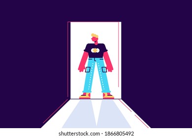 Young male character standing in a doorway, light and shadow contrast, spectacular appearance, confidence