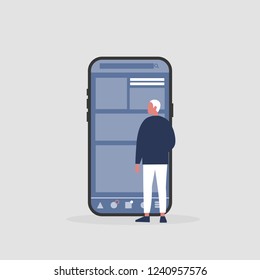 Young male character standing in front of the  smartphone screen. Social media life. Digital space. Millennial user. Flat editable vector illustration, clip art