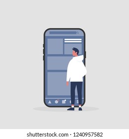 Young male character standing in front of the  smartphone screen. Social media life. Digital space. Millennial user. Flat editable vector illustration, clip art