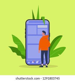Young male character standing in front of the  smartphone screen. Social media life. Digital space. Millennial user. Flat editable vector illustration, clip art