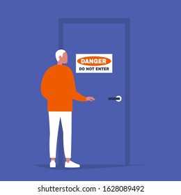 Young male character standing in front of the door with a Danger Do not enter sign