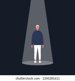 Young male character standing in the spotlight. Glory. Fame. Being on stage / flat editable vector illustration