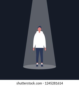 Young male character standing in the spotlight. Glory. Fame. Being on stage / flat editable vector illustration