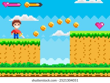 A young male character stands on a grassy platform, collecting floating coins and aiming for a heart. Blue sky and clouds in the background with pixelated design. Ideal for video games, retro style