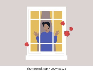 A young male character staying at home because of the coronavirus lockdown, a quarantine concept