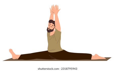 Young Male Character Stretching,do the leg-split, Realxing in Engage Yoga Practice Isolated .Man in leg-split,Calmimg, Meditating,Practising Asana.Training Class.Cartoon People Vector Illustration