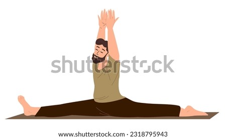 Young Male Character Stretching,do the leg-split, Realxing in Engage Yoga Practice Isolated .Man in leg-split,Calmimg, Meditating,Practising Asana.Training Class.Cartoon People Vector Illustration