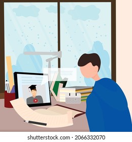 young male character studies online at home using a tablet, watches video lessons, sitting at a table opposite the window, winter weather, it's snowing. Home education. Vector illustration,flat style