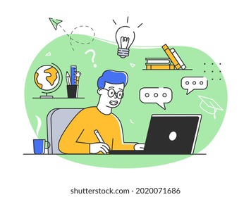 Young male character is studying remotely online. Male and female students taking part in activities of educating or instructing. Student in front of laptop. Flat cartoon vector illustration