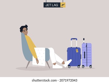 A young male character suffering because of the jet lag, travel downsides, time zone difference