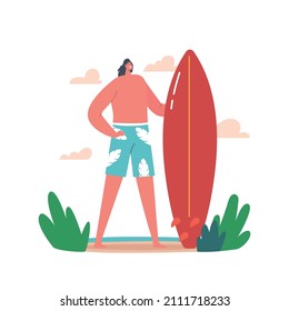Young Male Character with Surf Board in Hands Stand on Sandy Beach with Arm Akimbo on Summer Resort. Summertime Vacation, Traveling Man Holidays in Exotic Country. Cartoon Vector Illustration
