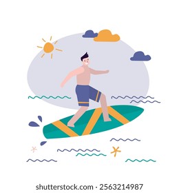 Young male character surfing recreation. Man surfer in swim wear riding sea waves on surf board. Summertime activity, Healthy lifestyle, vacation. cartoon flat vector illustration