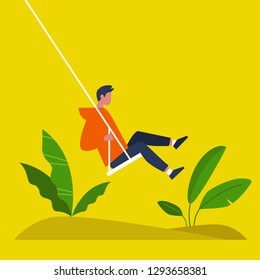 Young male character swinging on a swing. Modern lifestyle. Summer. Having fun. Flat editable vector illustration, clip art