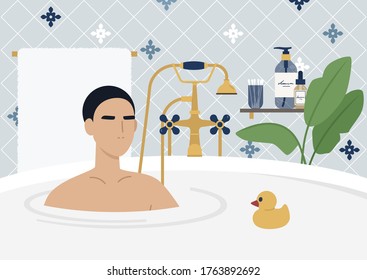 Young male character taking a bath, beautiful vintage furniture, golden old fashion faucet, tropical plants, skin care products, modern luxury lifestyle